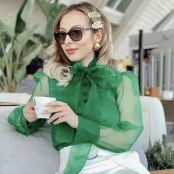 Zara Tops - Zara Green Organza Blouse with Tie Size Large *